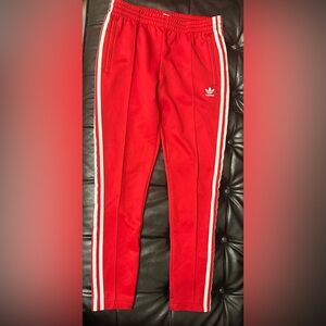 Adidas Red Track Pants with White Stripes size small